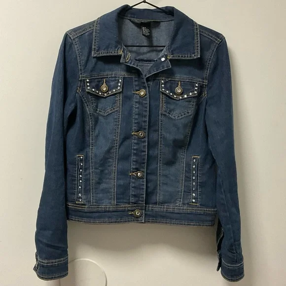 Blingy Baccini Rhinestone Slight Stretch Button Down Blue Jean Jacket! - Picture 9 of 10